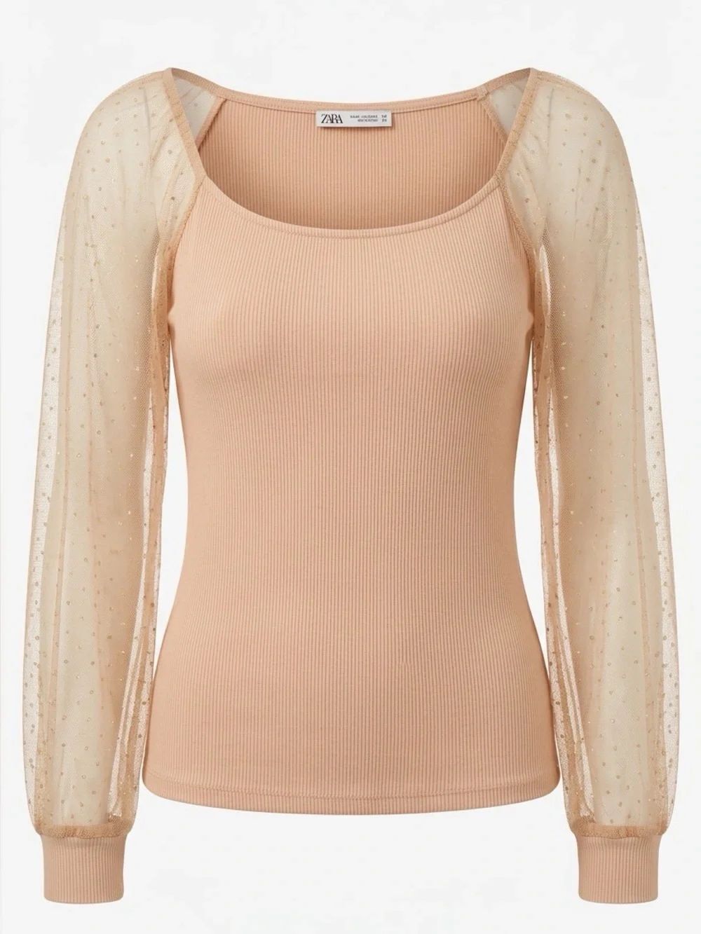 Dorose Women's Beige Ribbed Top with Sheer Puff Sleeves